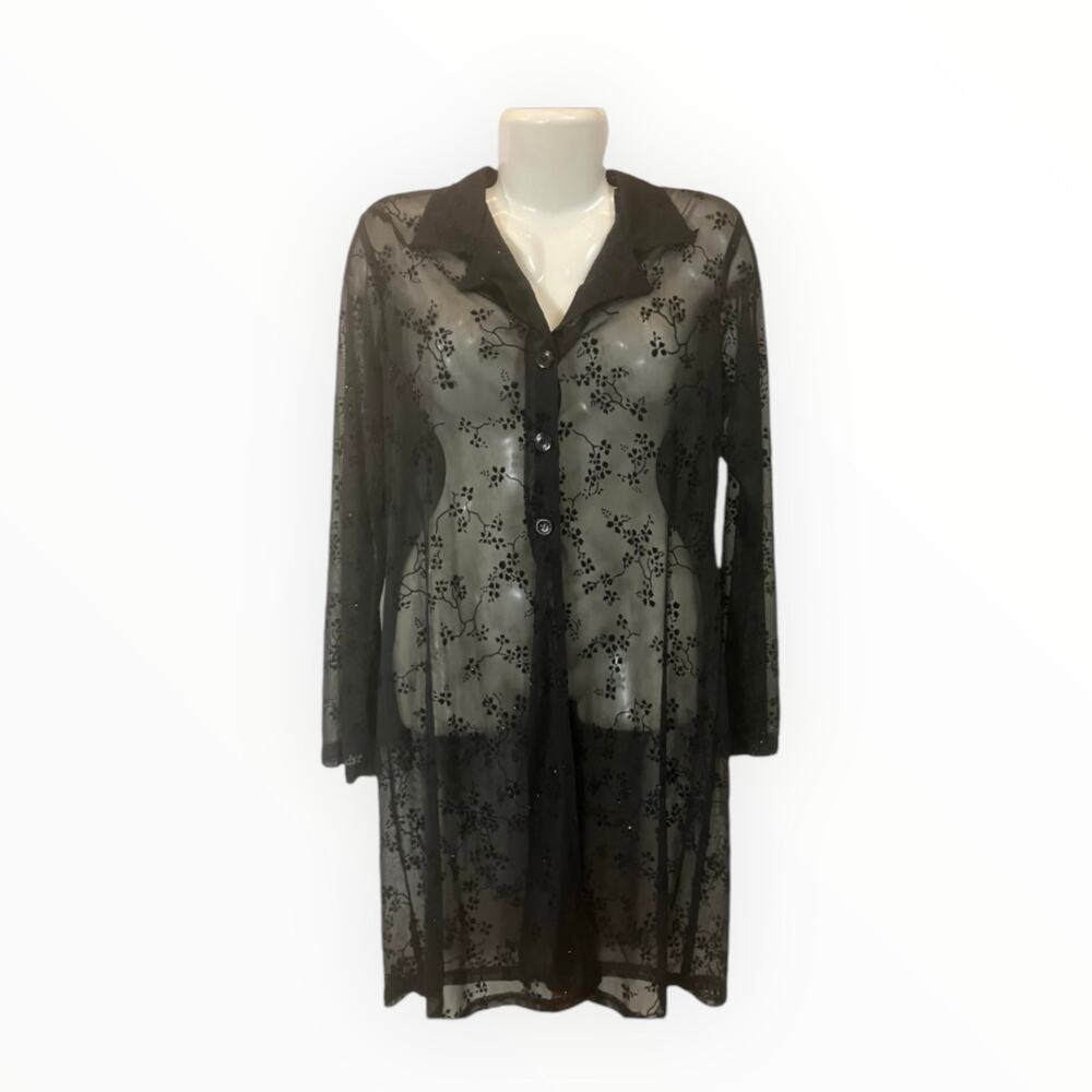 DBY Womens Black Sheer Textured Velvet Long Duster Whimsigoth SZ 11/12 VTG W/TAG